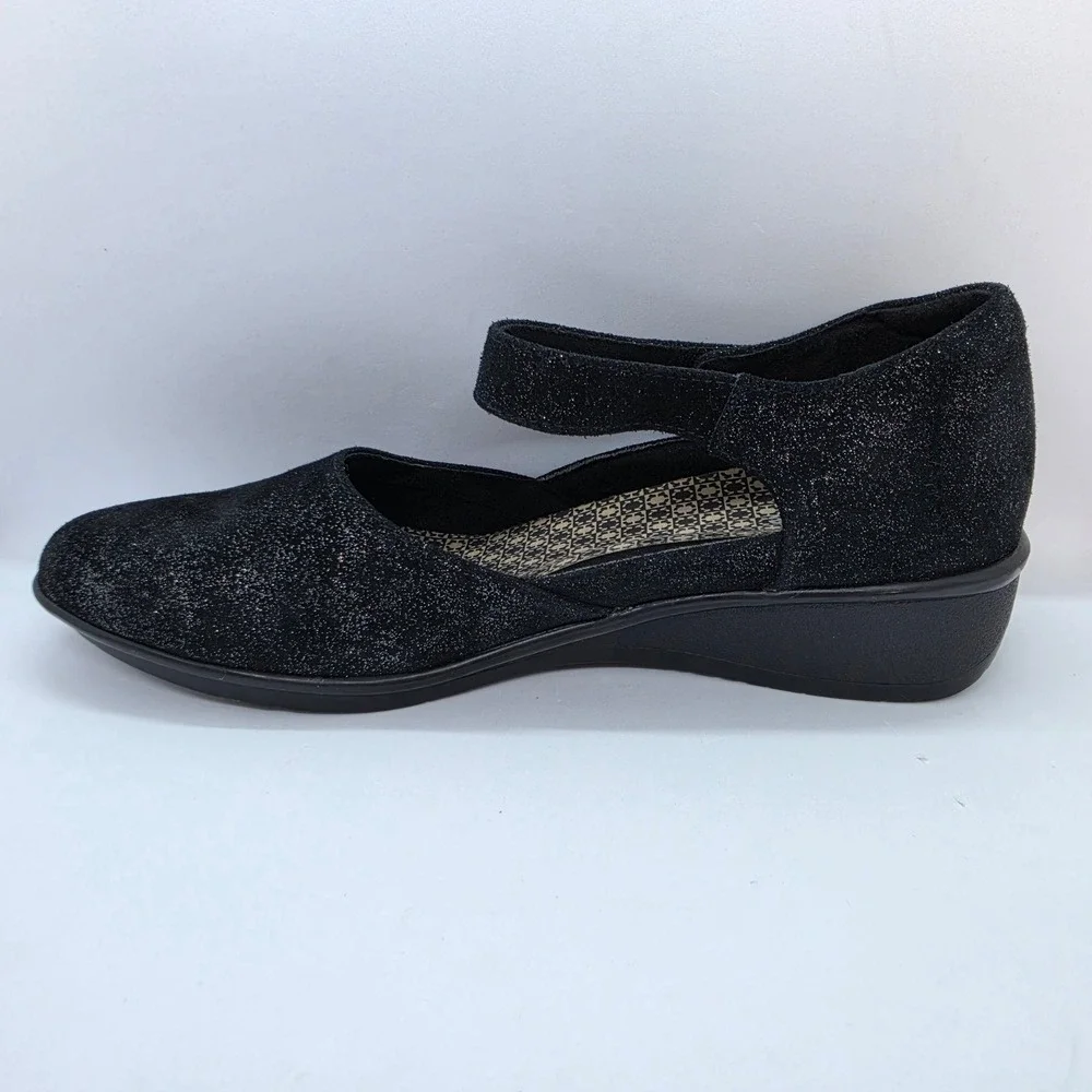 Revere Osaka Midnight Black Shimmer Leather Mary Jane Wedge Shoes US 10M EUR 41